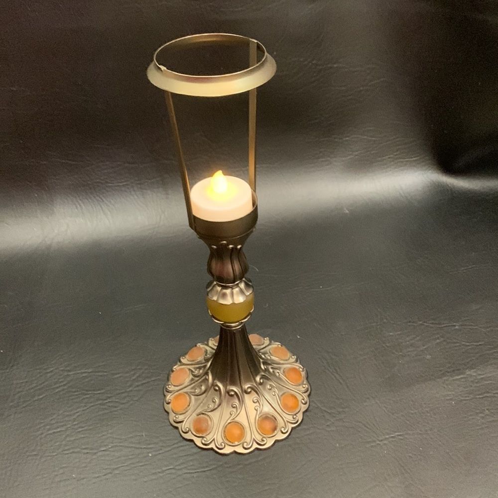 Party Light Votive Holder With Shade Gold Brass Amber Stones 12 1/2 Inches Tall - Picture 8 of 10
